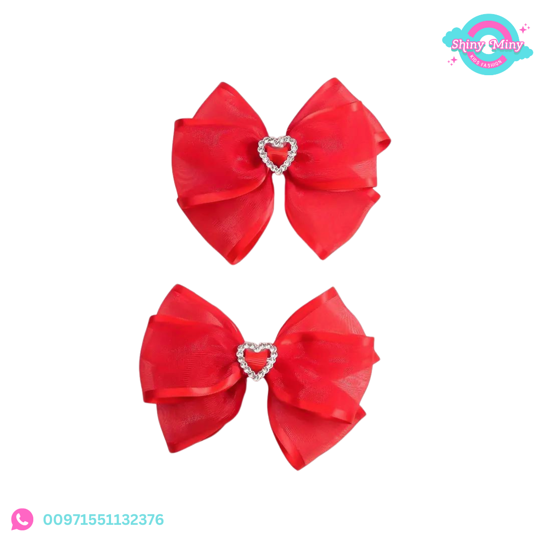 2-pcs Sparkling Red Rhinestone Heart Bow Hair Clips