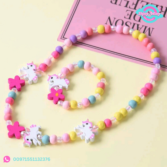 2pcs Girls Unicorn Flower Decor Beaded Necklace & Bracelet Set.